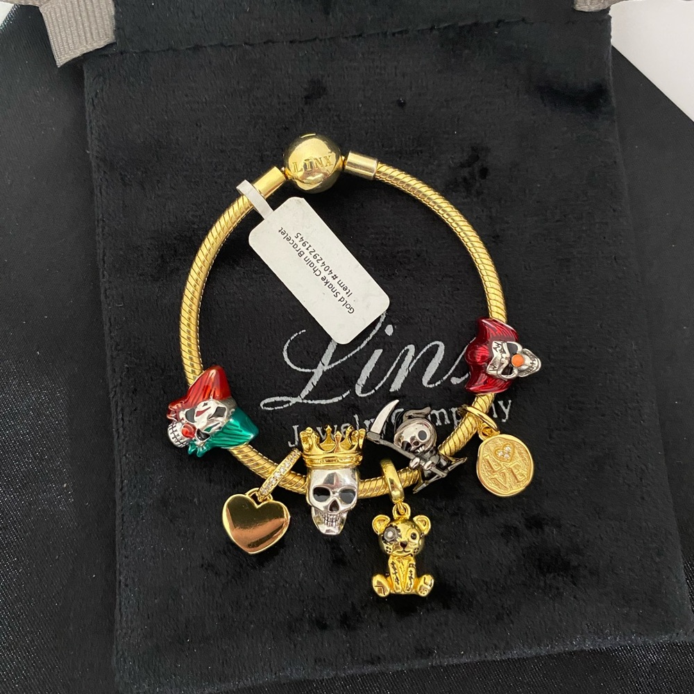 Linx Yellow Gold Bracelet with Skull Voodoo Doll and Scary Clown Themed Charms